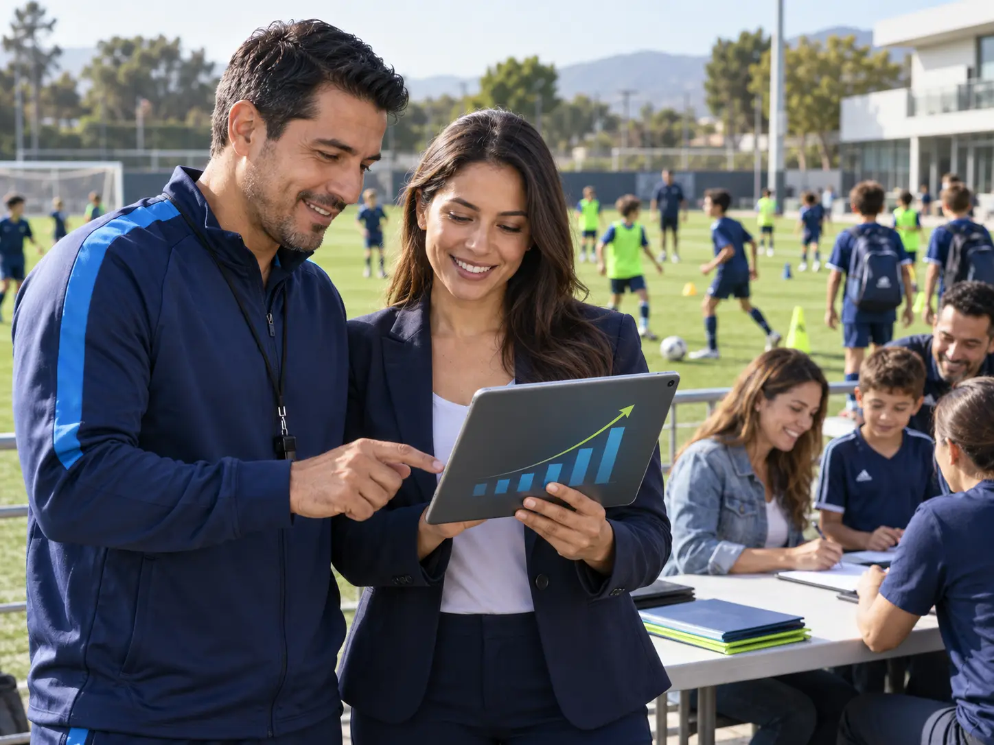 Director y asesora analizando el crecimiento de matrículas de una academia deportiva