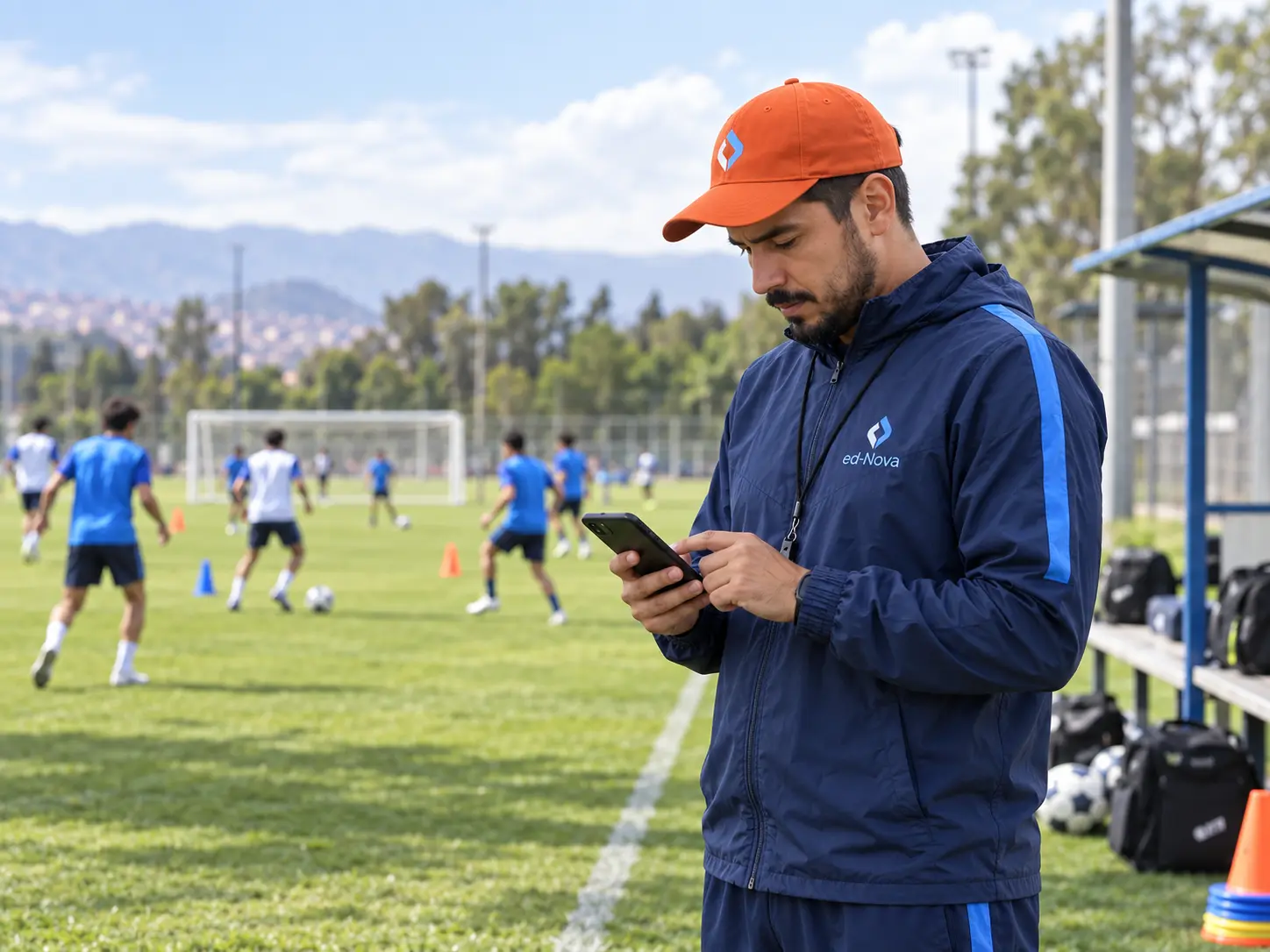 Entrenador ed-Nova con gorro naranja gestionando la academia desde otro ángulo de la cancha