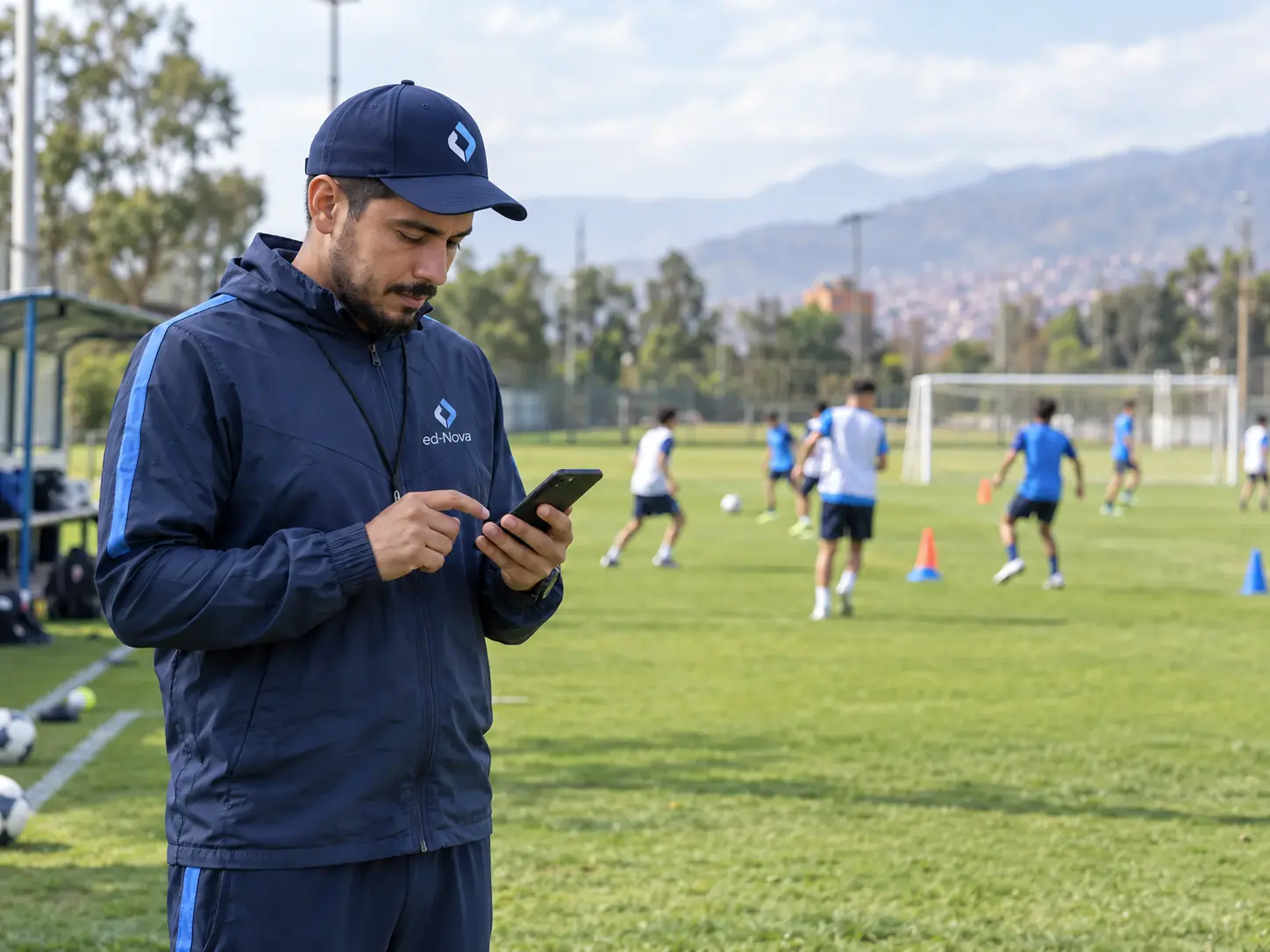 Entrenador de academia deportiva usando su celular mientras sus alumnos entrenan