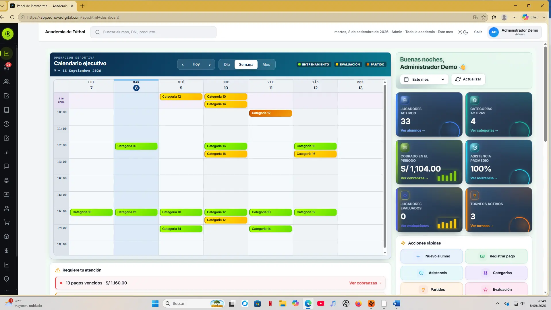Dashboard de administración de ed-Nova con calendario, indicadores y acciones rápidas