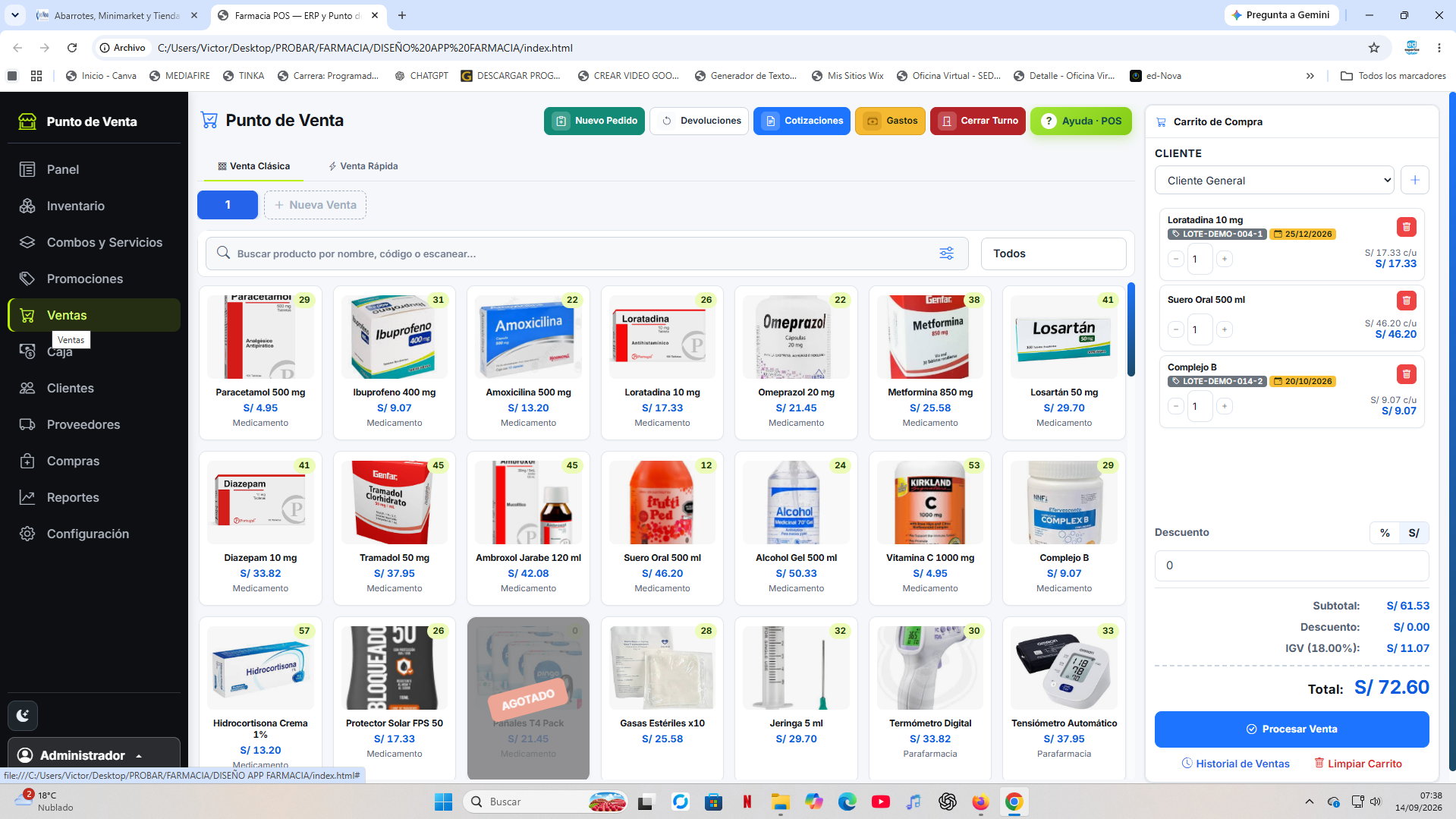 Punto de venta de farmacia con medicamentos, lotes y carrito
