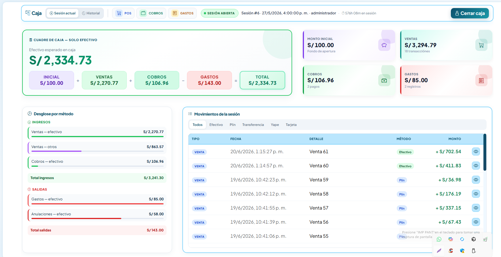 Control de caja, ventas, cobros y gastos
