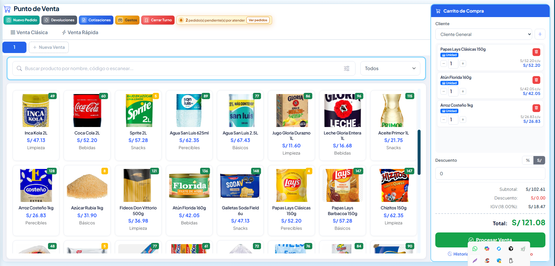 Punto de venta de minimarket con catálogo de productos y carrito de compra