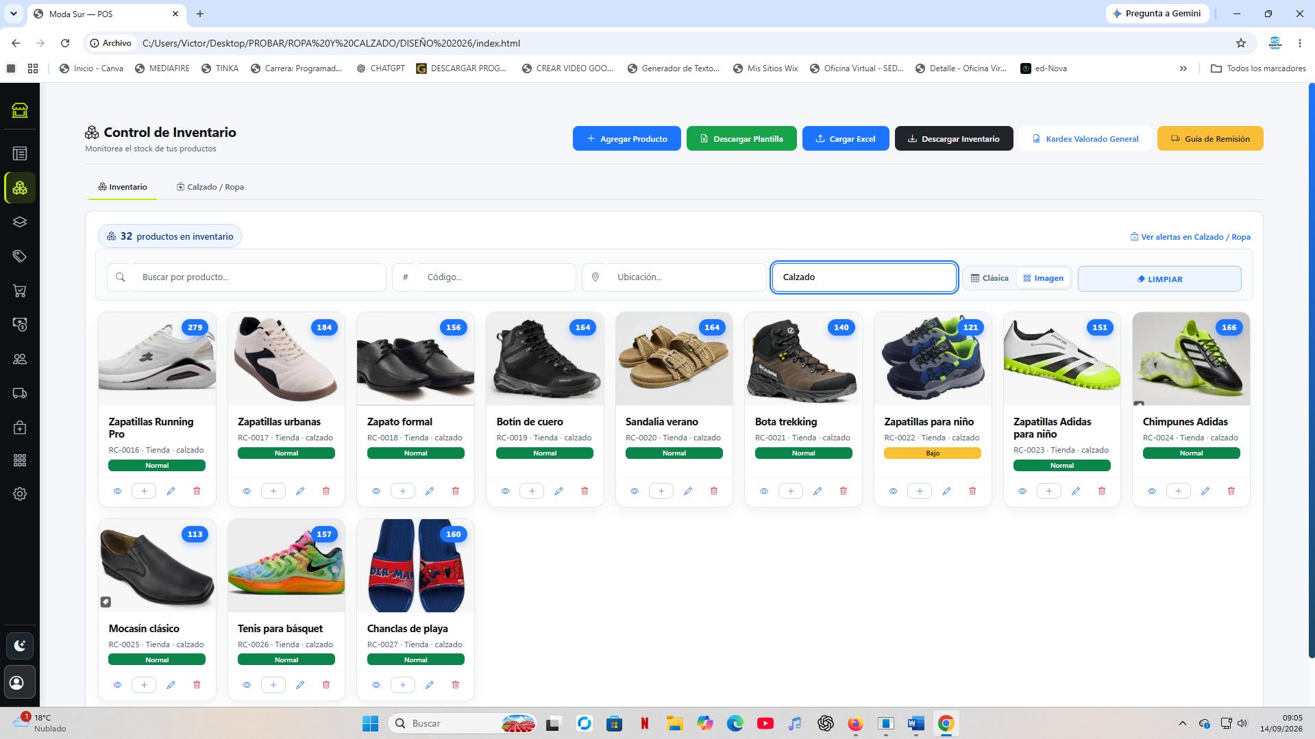 Inventario visual de zapatos, zapatillas, botas y sandalias