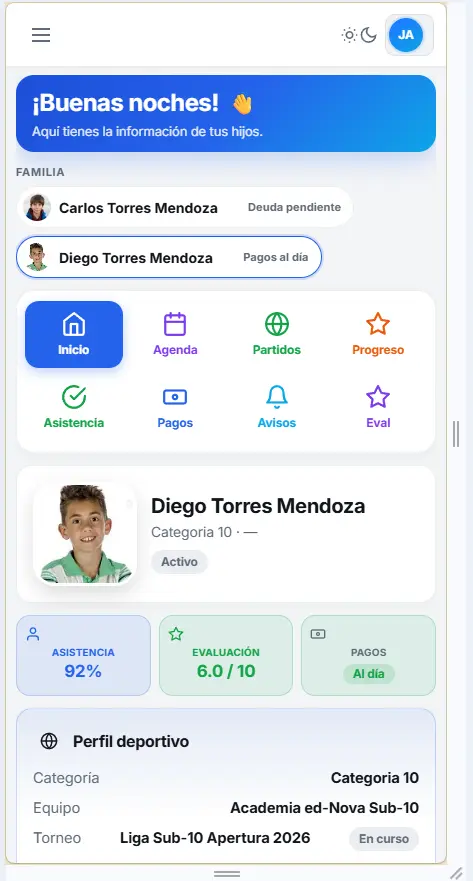 Portal móvil del padre con información, asistencia, evaluación y pagos de sus hijos